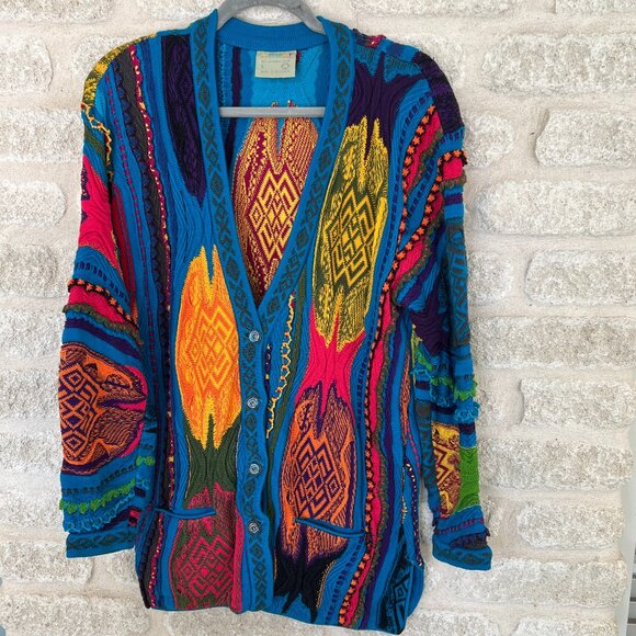 Vintage Coogi cardigan technicolor teal texture long sweater pockets S cotton